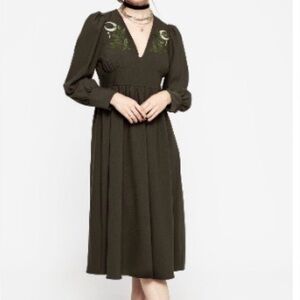 Disturbia Olive Green V-Neck Long Sleeve Midi Dress